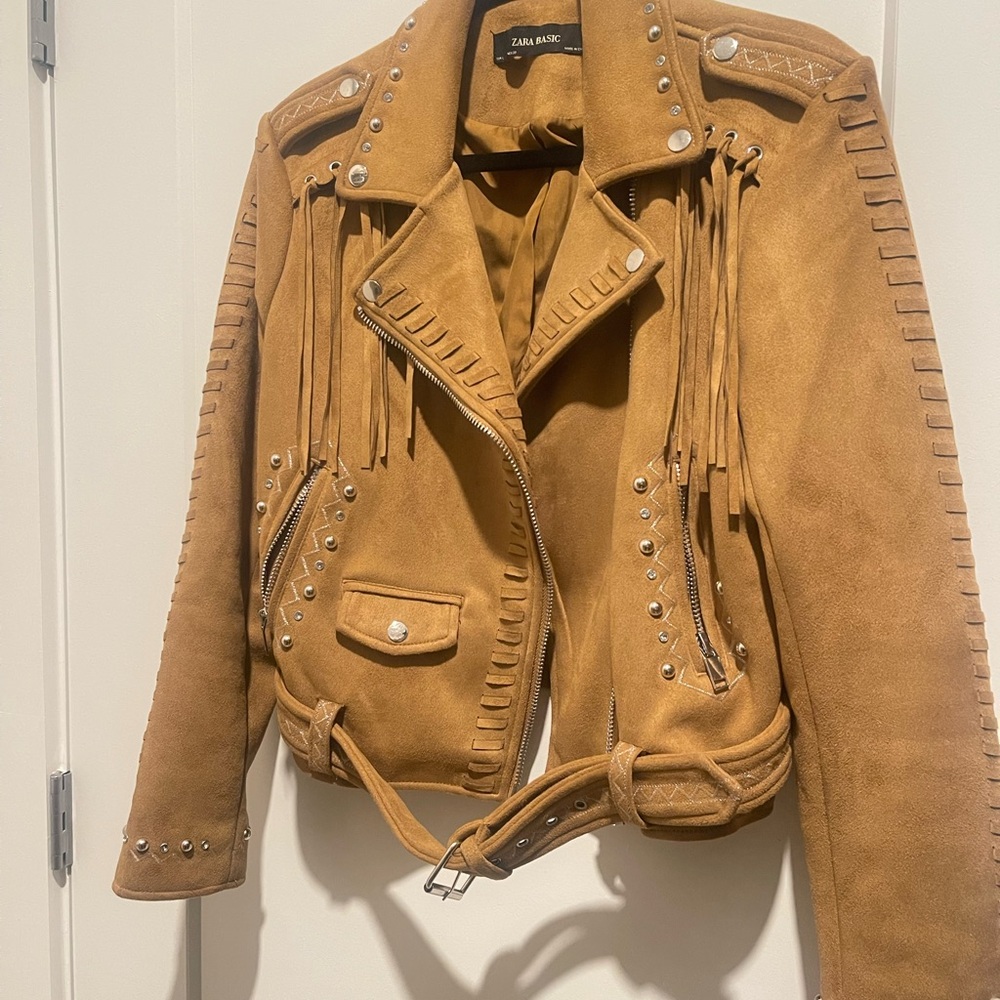 Zara Suede Fringe Belted Moto Jacket in Tan
